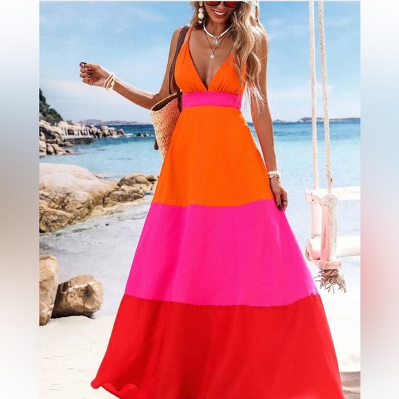 boutique Dresses & Skirts - Vivid Eden Woven Color Block V-Neck Women Long Dress size Small